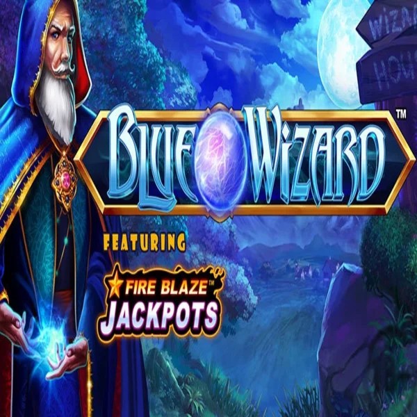 Official Slots logo: Blue Wizard Fire Blaze Jackpots by Rarestone Gaming at Rosy Bingo